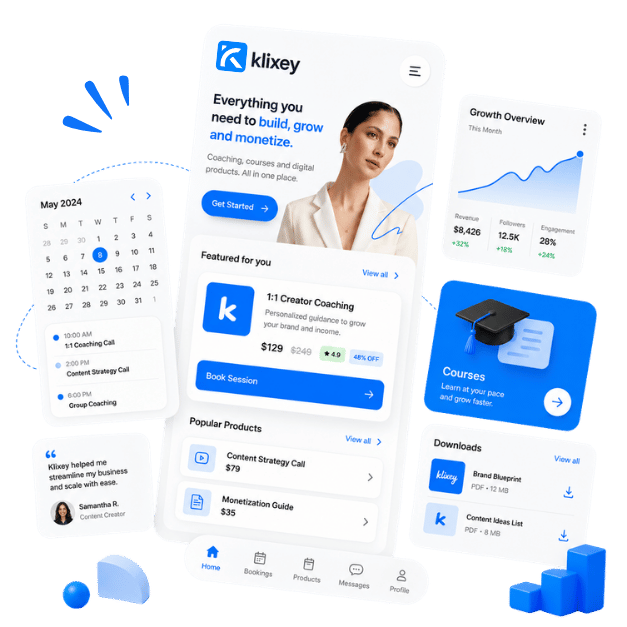 Klixey storefront, calendar, and analytics on mobile and desktop