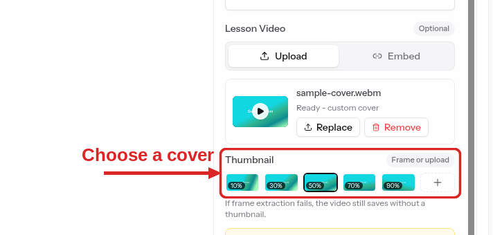 Choosing a cover image from extracted video frames in the lesson editor