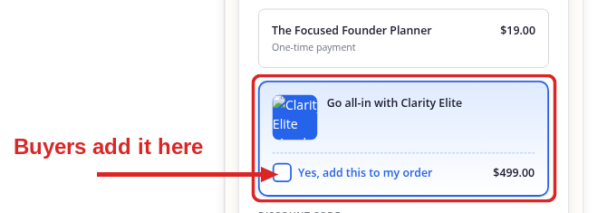 An order bump shown on the checkout page with an add-to-order checkbox